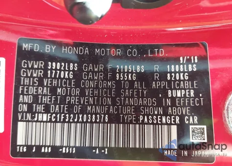 2018 Honda Civic Ex-T z USA, uszkodzony, nr VIN JHMFC1F32JX038376